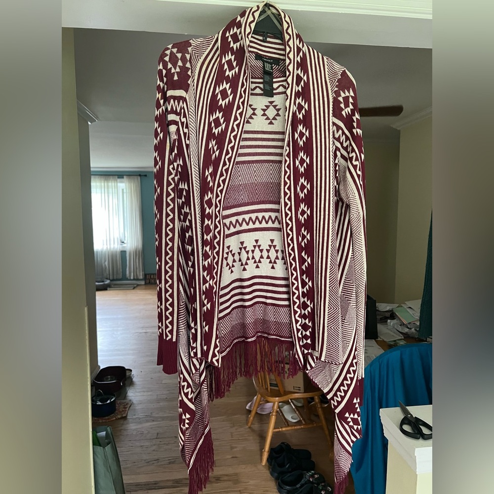 Maroon & White Aztec fringe cardigan ONE SIZE